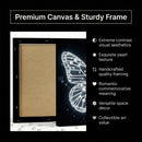 Framed artwork with butterfly design on premium canvas and sturdy frame, featuring text about product features.