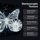 Butterfly design with rhinestones on a dark background, labeled 'Stereoscopic Texture'.