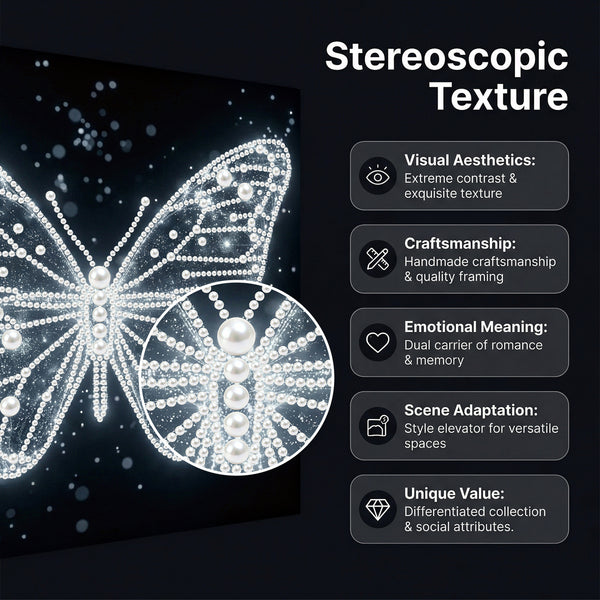 Butterfly design with rhinestones on a dark background, labeled 'Stereoscopic Texture'.