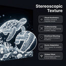 Stereoscopic texture display with a turtle and coral design on a dark background