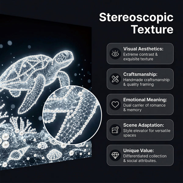 Stereoscopic texture display with a turtle and coral design on a dark background