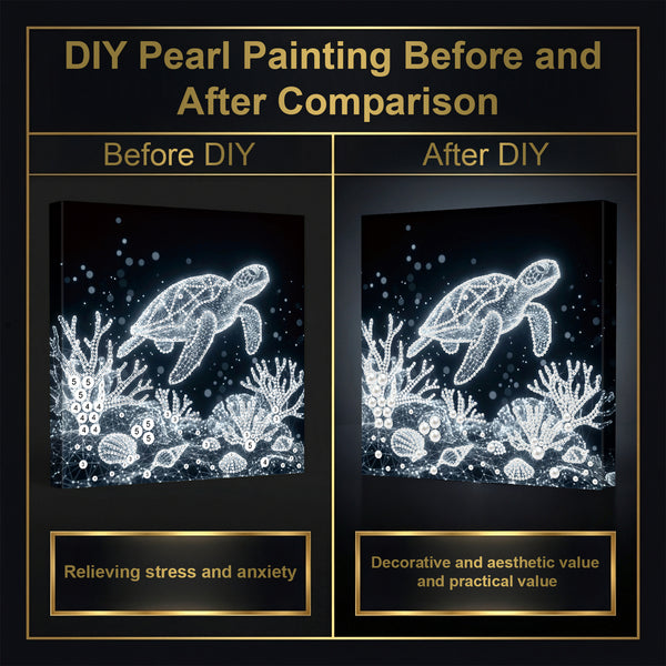 Comparison of DIY pearl painting before and after with turtle design on a dark background.