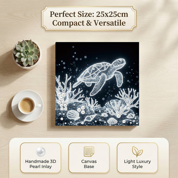 Canvas print of a turtle and coral with a cup and plant on a wooden surface