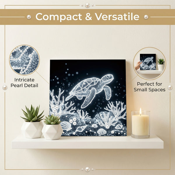 Decorative artwork of a turtle and coral on a shelf with text highlighting features.