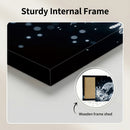 Black frame with a close-up of a wooden frame shed on a beige background