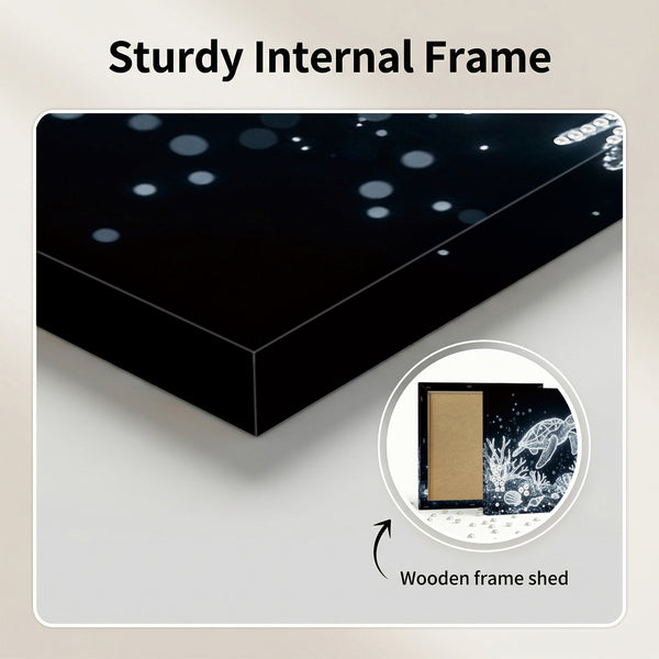 Black frame with a close-up of a wooden frame shed on a beige background