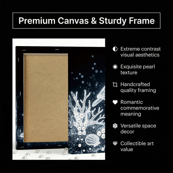 Canvas print with frame featuring coral design, text about product features.