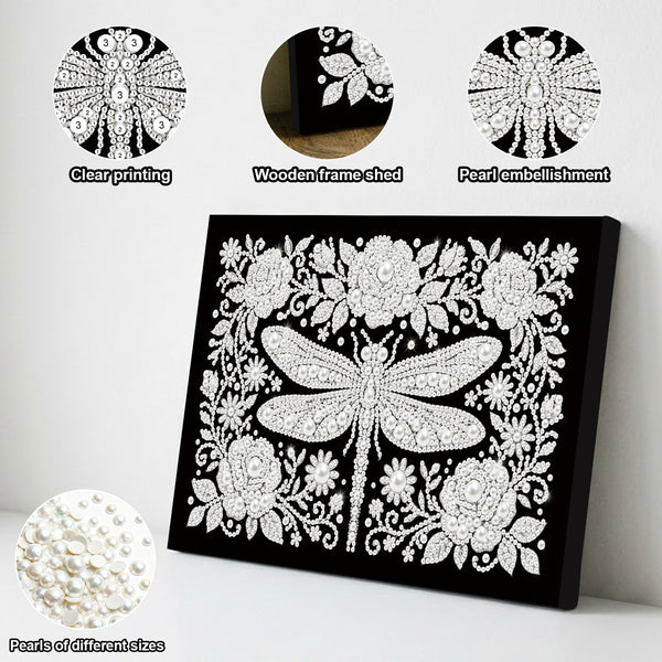 Decorative panel with a dragonfly design, showing different embellishment options on a white background.