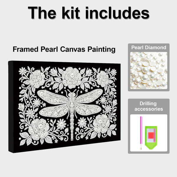 Framed pearl canvas painting kit with pearl diamond, drilling accessories on a white background