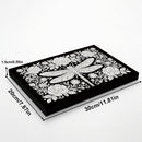 Decorative box with floral and dragonfly design, shown with dimensions on a white background.