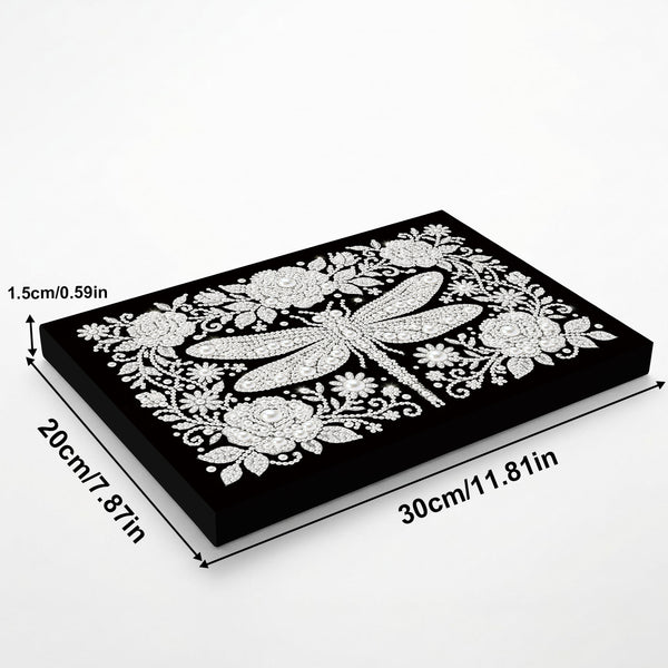 Decorative box with floral and dragonfly design, shown with dimensions on a white background.