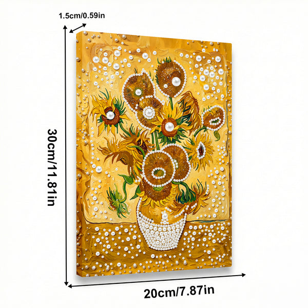 Decorative sunflower painting with measurements on a white background