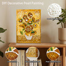 Decorative pearl painting of sunflowers on a wooden shelf with close-ups of pearls and printing details.