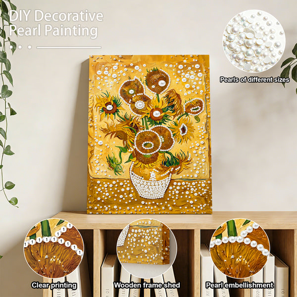 Decorative pearl painting of sunflowers on a wooden shelf with pearl embellishments.