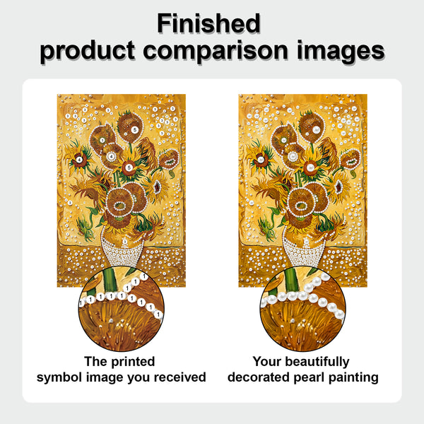Comparison of a printed symbol image and a beautifully decorated pearl painting.