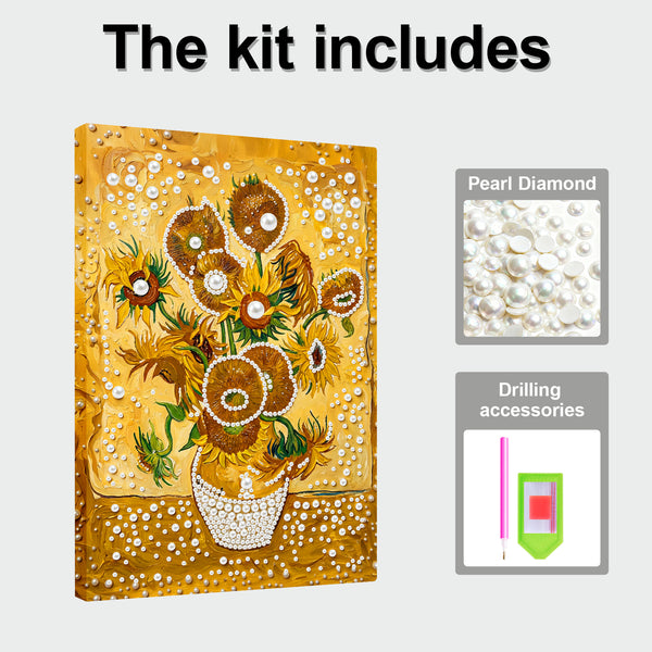 Diamond painting kit with sunflower design and accessories on a white background