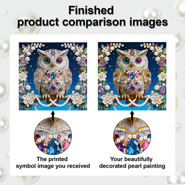 Comparison of a printed owl symbol image and a beautifully decorated pearl painting.