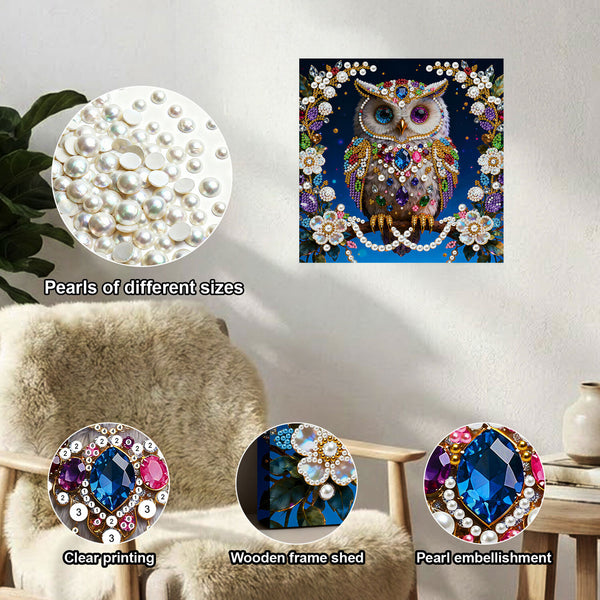DIY diamond painting kit with owl design, pearls, and decorative elements on a neutral background.