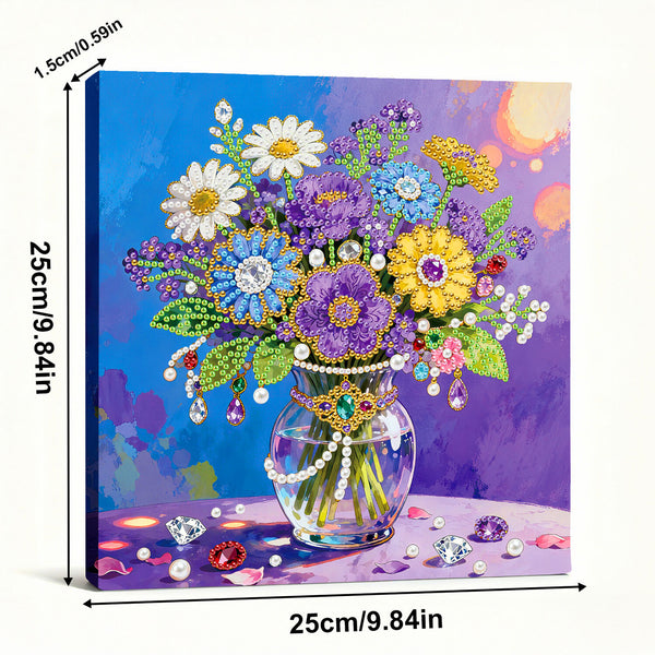 Decorative diamond painting of flowers in a vase with measurements on a blue and purple background.