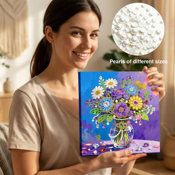 Woman holding a diamond painting kit with a close-up of pearls on a blurred background
