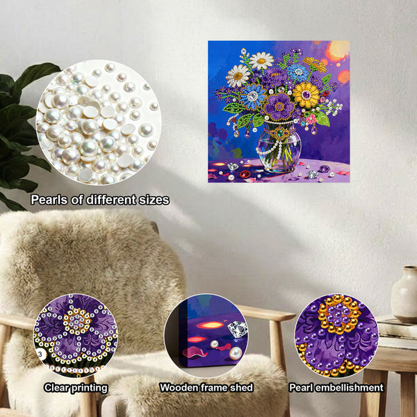 Decorative painting with pearls and a close-up of pearls on a white background