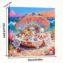 Decorative wall art with a colorful shell, octopus, and starfish against an ocean backdrop with measurements.