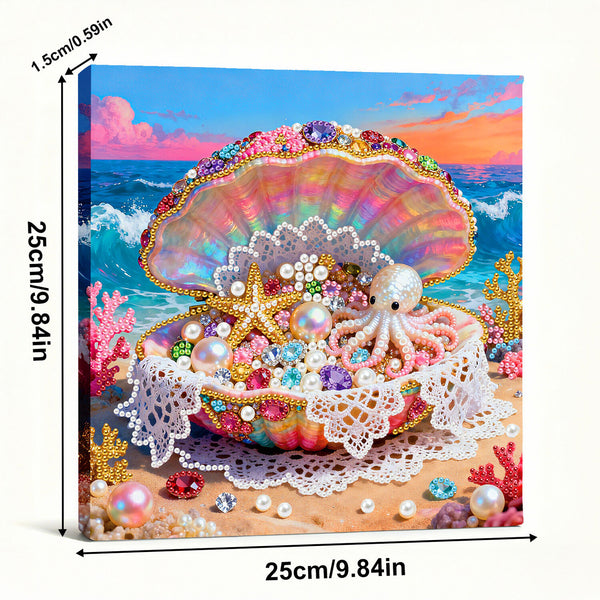 Decorative wall art with a colorful shell, octopus, and starfish against an ocean backdrop with measurements.