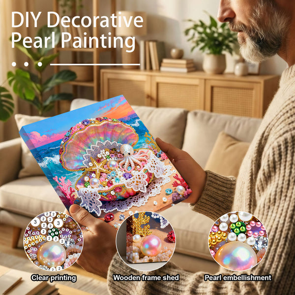 Person holding a DIY decorative pearl painting kit with living room background