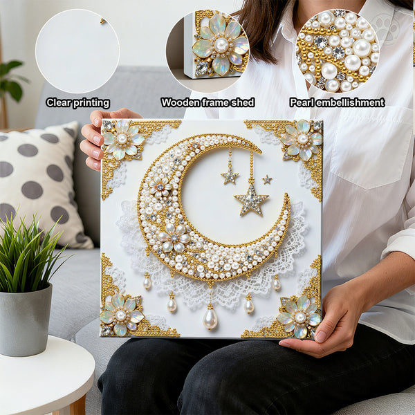 Decorative wall art with pearl embellishments held by a person in a living room setting.