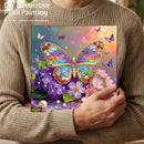 Person holding a colorful butterfly and flower painting with decorative pearls.