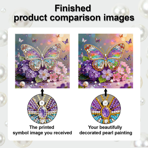 Comparison of a printed butterfly design and a decorated pearl painting on a white background.