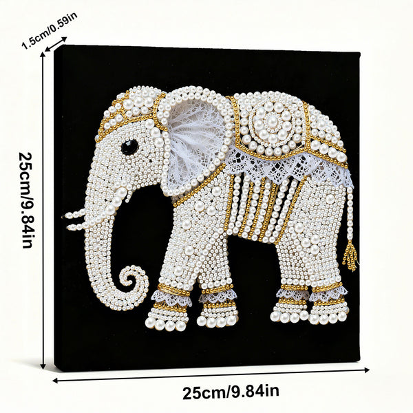 Decorative elephant with pearls and gold accents on a black background, with measurements indicated.