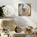 Decorative peacock design with pearls and clear printing on a white background