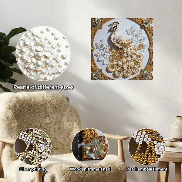 Decorative peacock design with pearls and clear printing on a white background