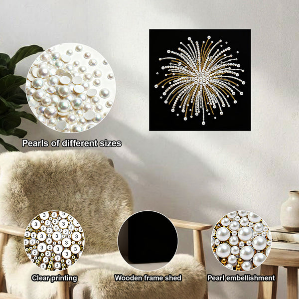 Decorative elements including pearls of different sizes, clear printing, wooden frame shadow, and pearl embellishment on a neutral background.