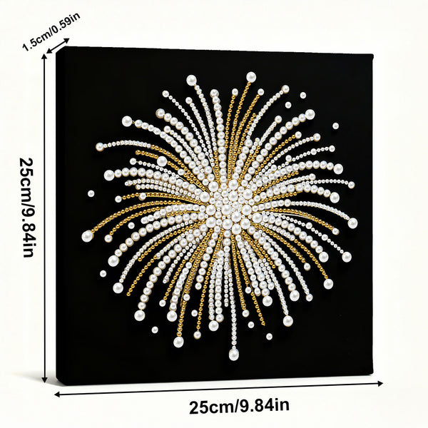 Decorative wall art with a starburst design made of pearls and gold beads on a black background, with measurements indicated.