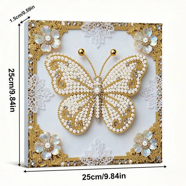Decorative butterfly with pearl embellishments on a white background with floral elements.