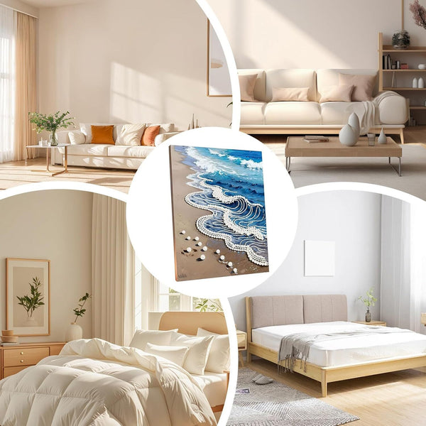 Collage of a modern bedroom with a bed, sofa, and wall art.