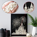 Decorative wall art with castle design and pearl embellishments, surrounded by decorative items.