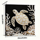 Decorative turtle art piece with pearls and coral on a black background, shown with dimensions.
