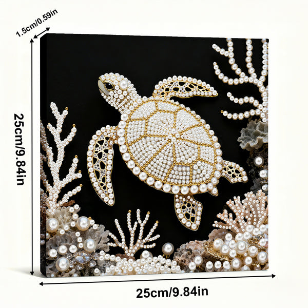 Decorative turtle art piece with pearls and coral on a black background, shown with dimensions.