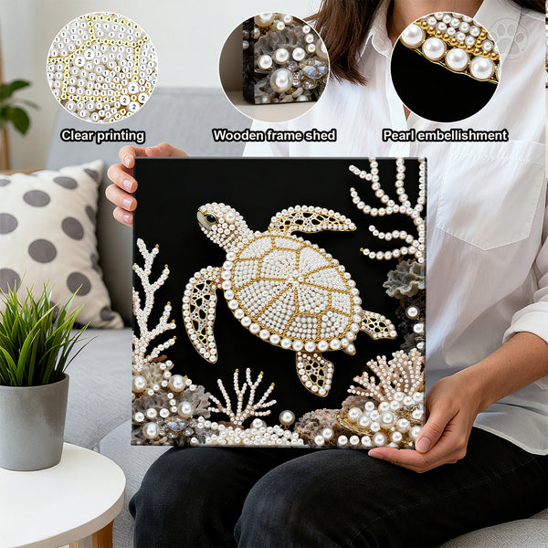 Person holding a turtle-themed decorative art piece with pearl embellishments, surrounded by close-up details of printing quality.