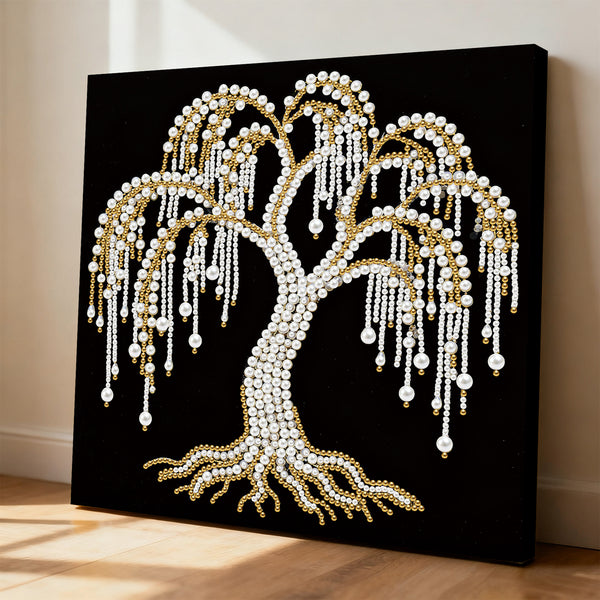 Decorative wall art of a tree with pearls on a black background