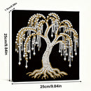 Decorative tree design with pearls and gold accents on a black background, with measurements indicated.