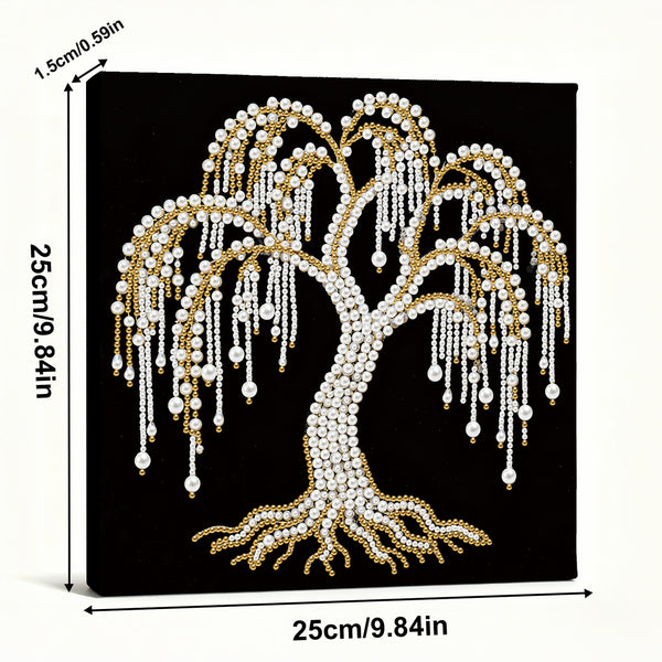 Decorative tree design with pearls and gold accents on a black background, with measurements indicated.