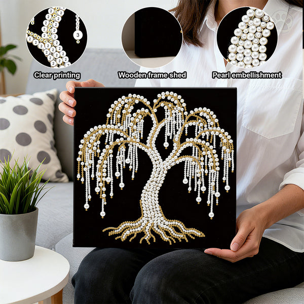 Person holding a decorative wall art piece with a tree design made of pearls and clear printing, with close-up insets showing different aspects.
