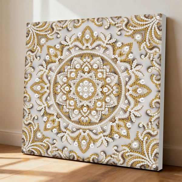 Decorative wall art with gold and white pattern on a plain background