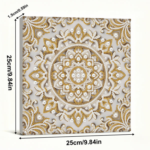 Decorative panel with gold and white pattern and measurements on a white background
