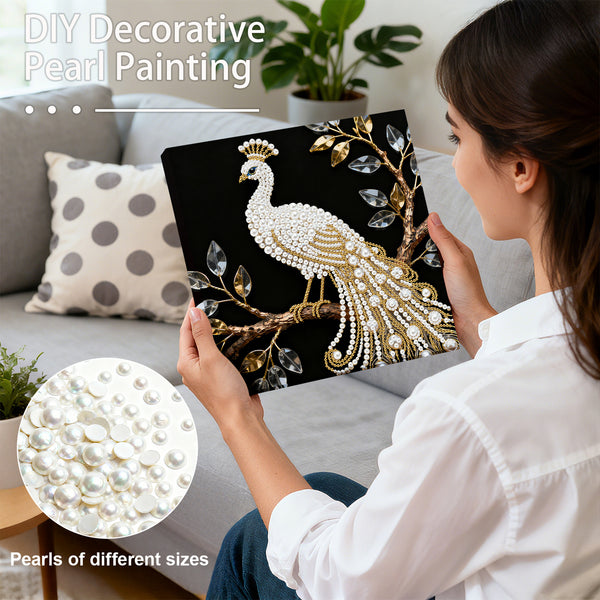 Woman holding a decorative item with peacock design and pearls, surrounded by a cozy living room setting.