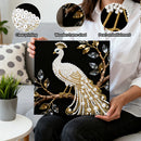 Person holding a decorative peacock painting with pearl embellishments, surrounded by close-up details of printing quality issues.